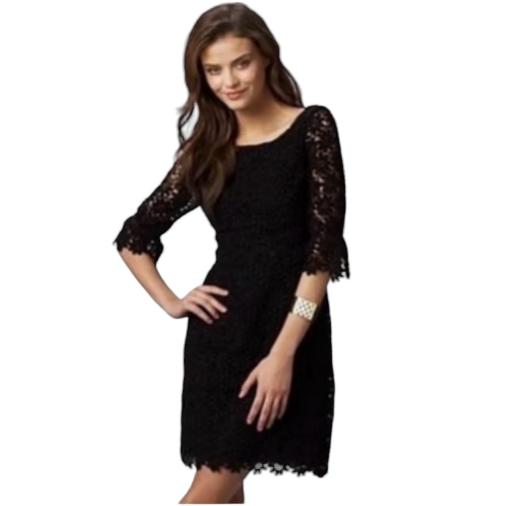 Lilly Pulitzer Shayna Black Lace Dress Daisy Sheath 3/4 Sleeves V Back Size 6 - Picture 13 of 14